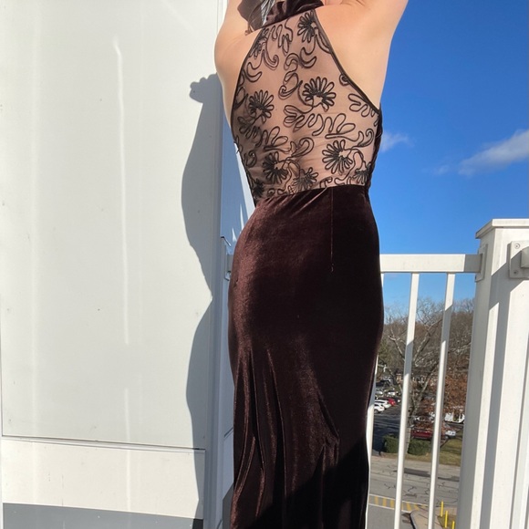 Velvet Maxi Dress Gown Halter Vintage Chocolate Brown Lace Back Corset Top S - Picture 3 of 7